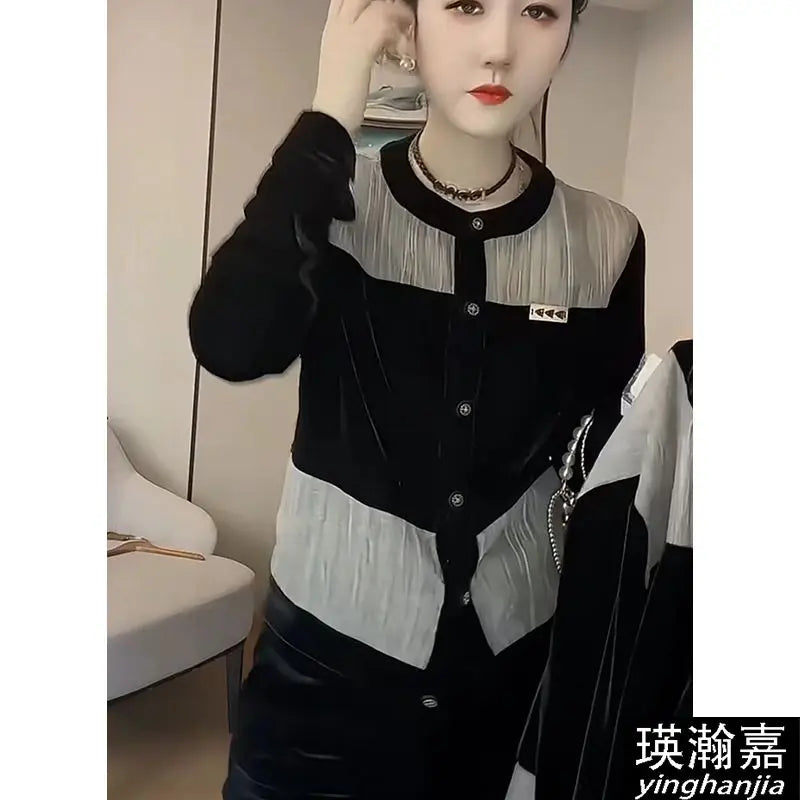 Fashionable Women's Shirt 2025 Autumn New Round Neck Single-breasted Cardigan Spliced   sequin Velvet Shirt    Your Coastal Marketplace | Shoreshopper.com