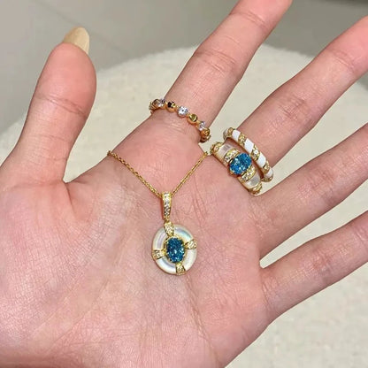 Classic blue jewelry sets dreamy aquamarine gem White Fritillaria ring necklace High quality palace style retro wedding gift    Home Decor Supply | Online Retail | ShoreShopper.com