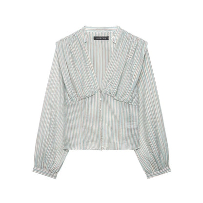 Women Sexy Shirts Spring Summer New Female V-Neck Long Sleeve Shirt Waist-Cinching Striped Tops Lady Chic Casual Holiday Blouses    Your Coastal Marketplace | Shoreshopper.com