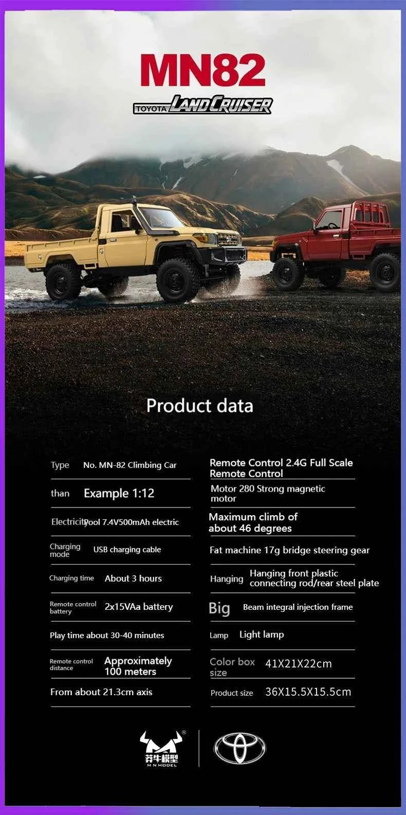 Rc Car MN82 1:12 Retro with LED Lights, Full Scale Analog LC79, Professional Four-wheel Drive Truck, Toy Truck Model RC