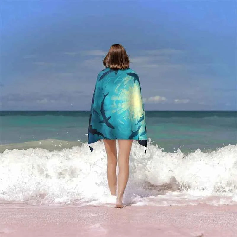 Beach towel shark print pattern sun protection windproof suitable for swimming pool camping travel blanket