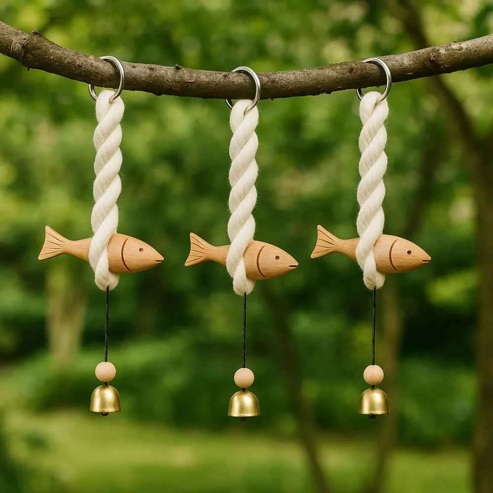 Marine Beach Themed Wood Fish Sculpture with Bell Handcrafted Fish Wall Hanging Decor Hand Carved Rustic