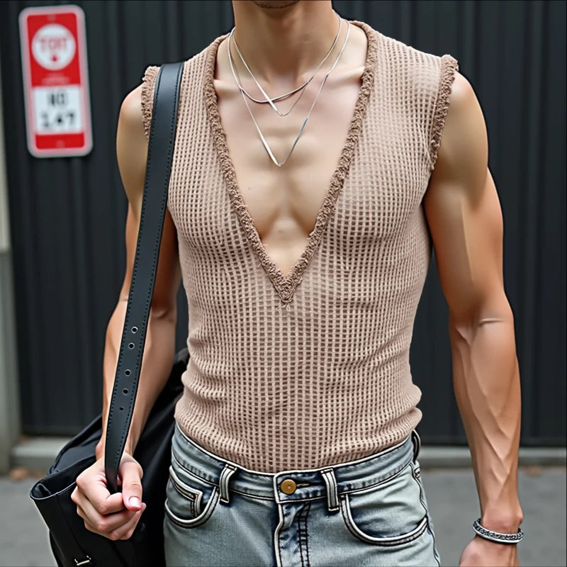 INCERUN Men Tank Tops Hollow Out Mesh See Through Sexy Tassel Male Vests Summer 2025 Solid Color Fashion Streetwear Men Clothing - ShoreCo.Shop