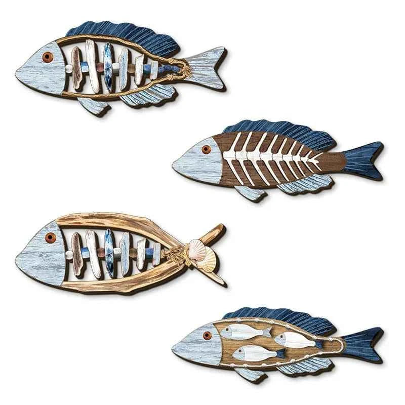 4pcs/set Ocean Fish Wall Decor Wooden Carving Art Marine Style Wood Wall Hanging Sculpture for Home Room Decoration