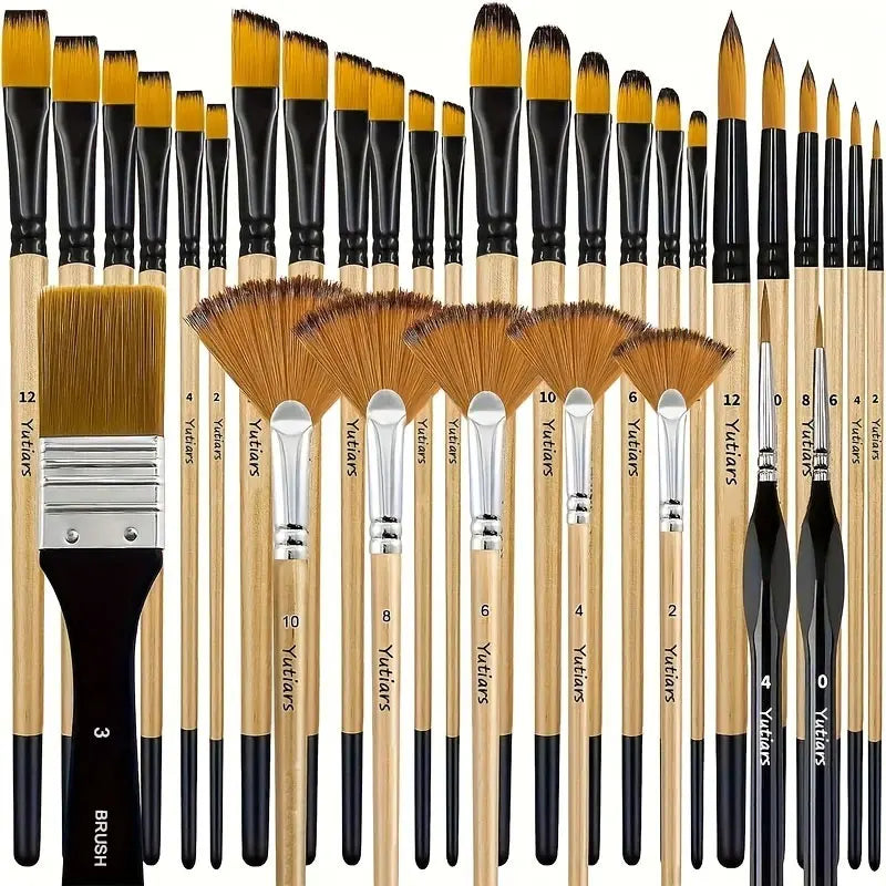 28/32 Pcs Paint Brushes for Acrylic Painting, Premium Nylon Bristles with Round, Filbert, Flat, Fan, Angle, Fine Detail Brush    Home Decor Supply | Online Retail | ShoreShopper.com