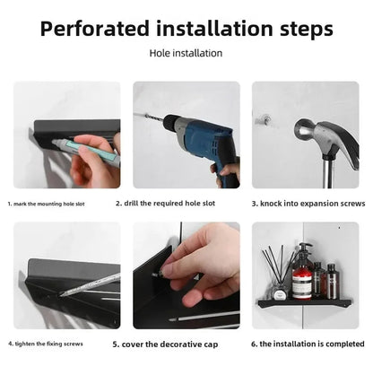 Bathroom Triangle Drain Shelf No Drilling Wall Mounted Cosmetic and Toiletries Hollow Carbon Steel Shelf with Hooks    Home Decor Supply | Online Retail | ShoreShopper.com