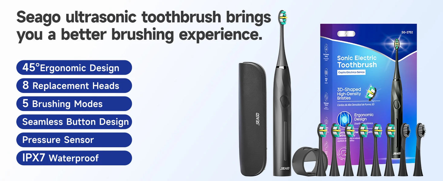 SEAGO Electric Toothbrush with 8 Soft Bristle Heads for Adults Pressure Sensor 5 Modes with 2 Minutes Smart Timer SG-2752 - ShoreCo.Shop