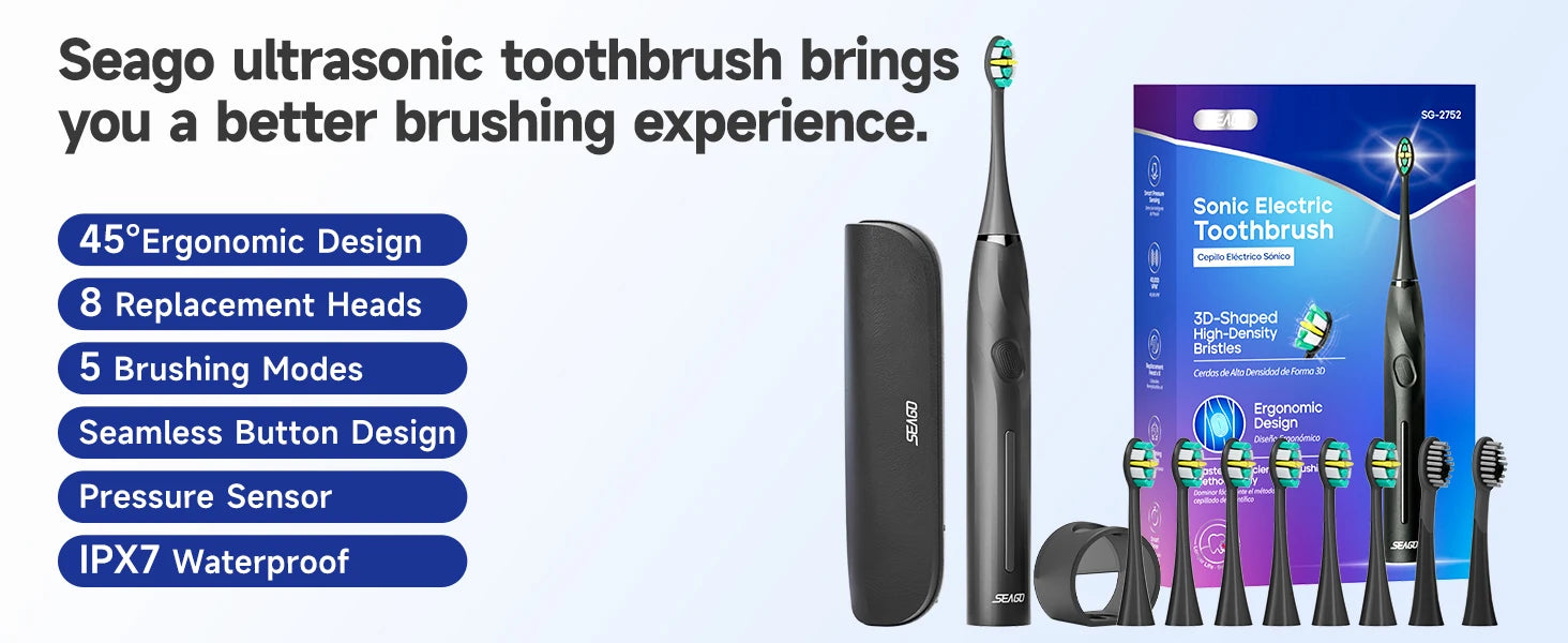 SEAGO Electric Toothbrush with 8 Soft Bristle Heads for Adults Pressure Sensor 5 Modes with 2 Minutes Smart Timer SG-2752 - ShoreCo.Shop
