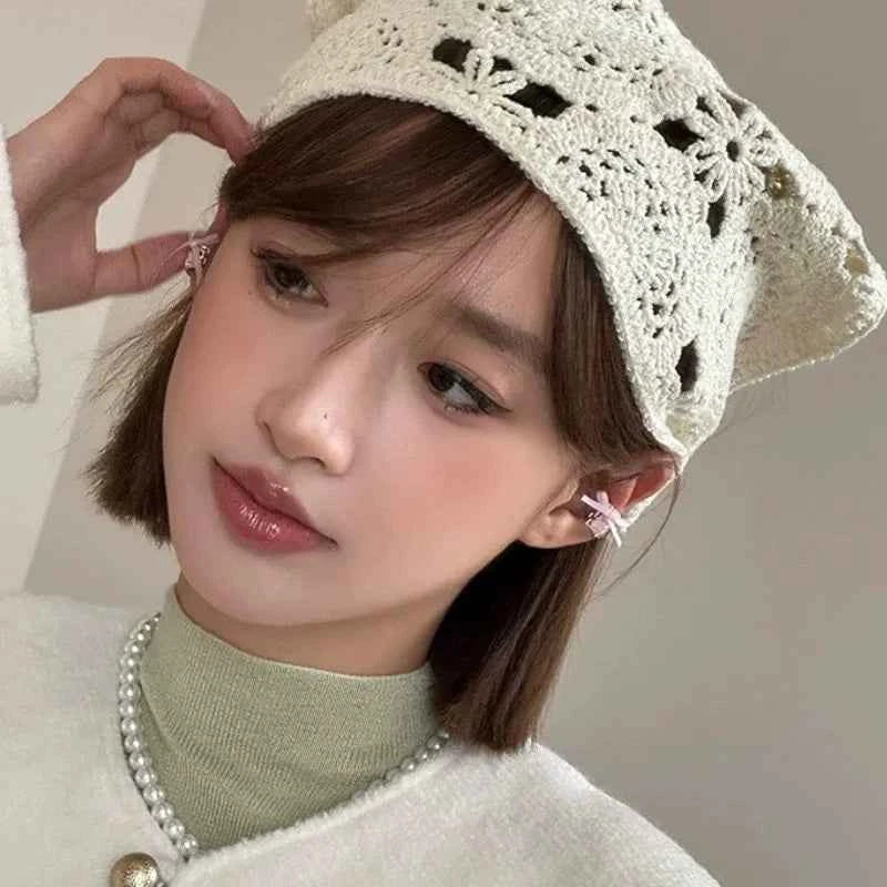 Fashion Knitted Headscarf Hat French Pastoral Style Triangle Headband Handmade Crochet Headband Towel Retro Flower Headscarf