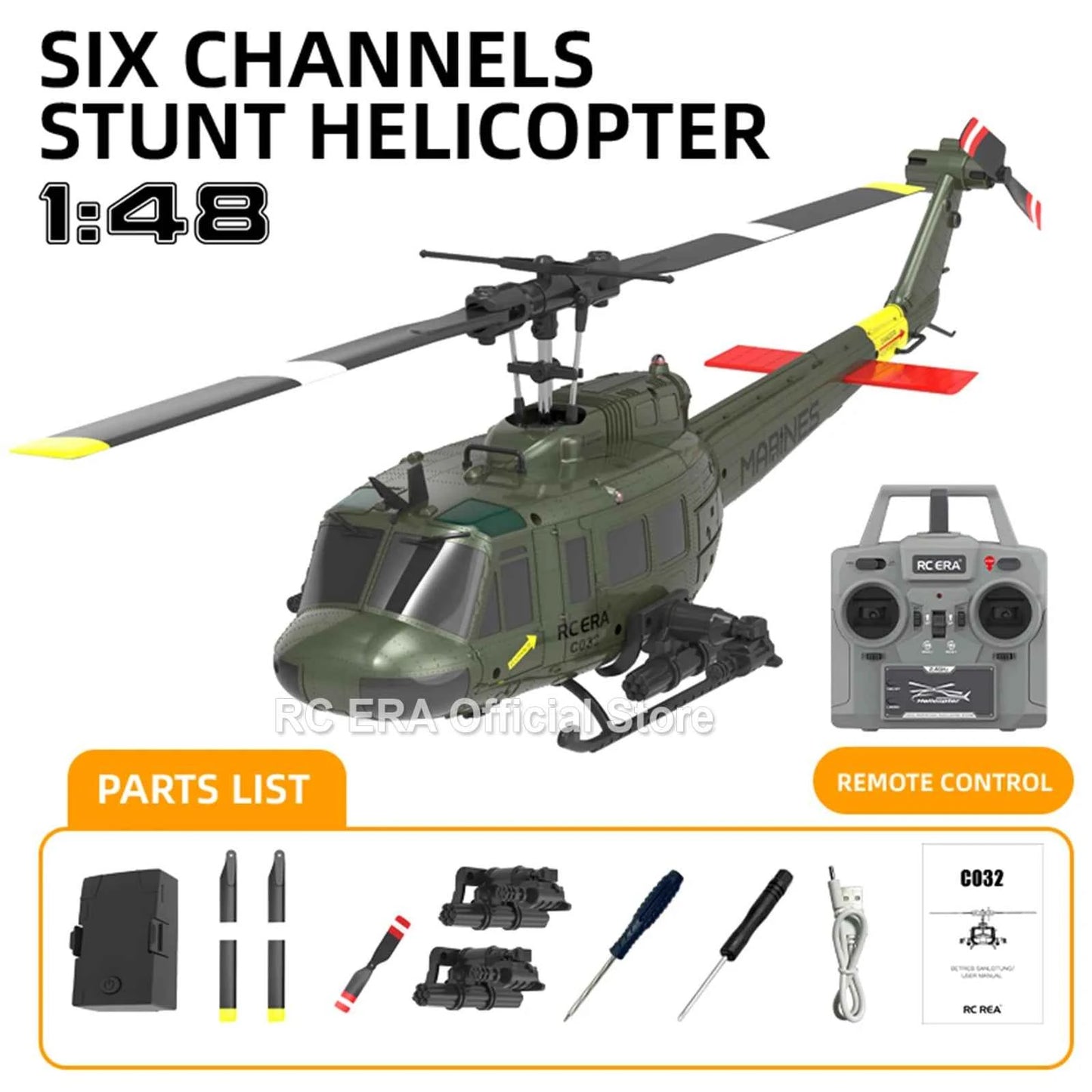 RC ERA Weathered Marine C032 UH1Huey One Click Inverted Flight TOF Optical Flow Gyro Stabilized RC Helicopter for Adults
