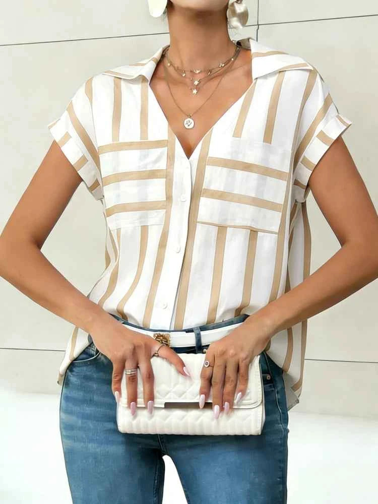 Women's Blouse Shirt Summer Top Navy White Top Vertical Stripe V Neck Short Sleeve Sleek Stylish Daily Shirt Casual Tops