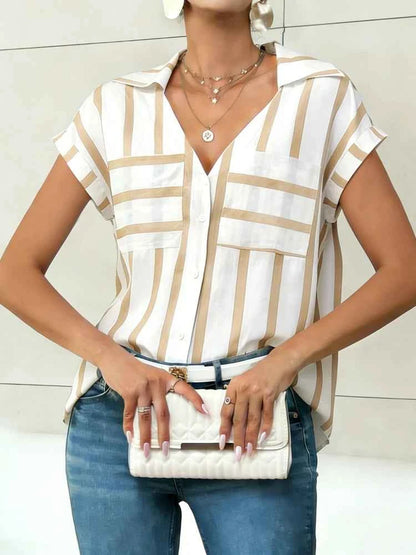 Women's Blouse Shirt Summer Top Navy White Top Vertical Stripe V Neck Short Sleeve Sleek Stylish Daily Shirt Casual Tops