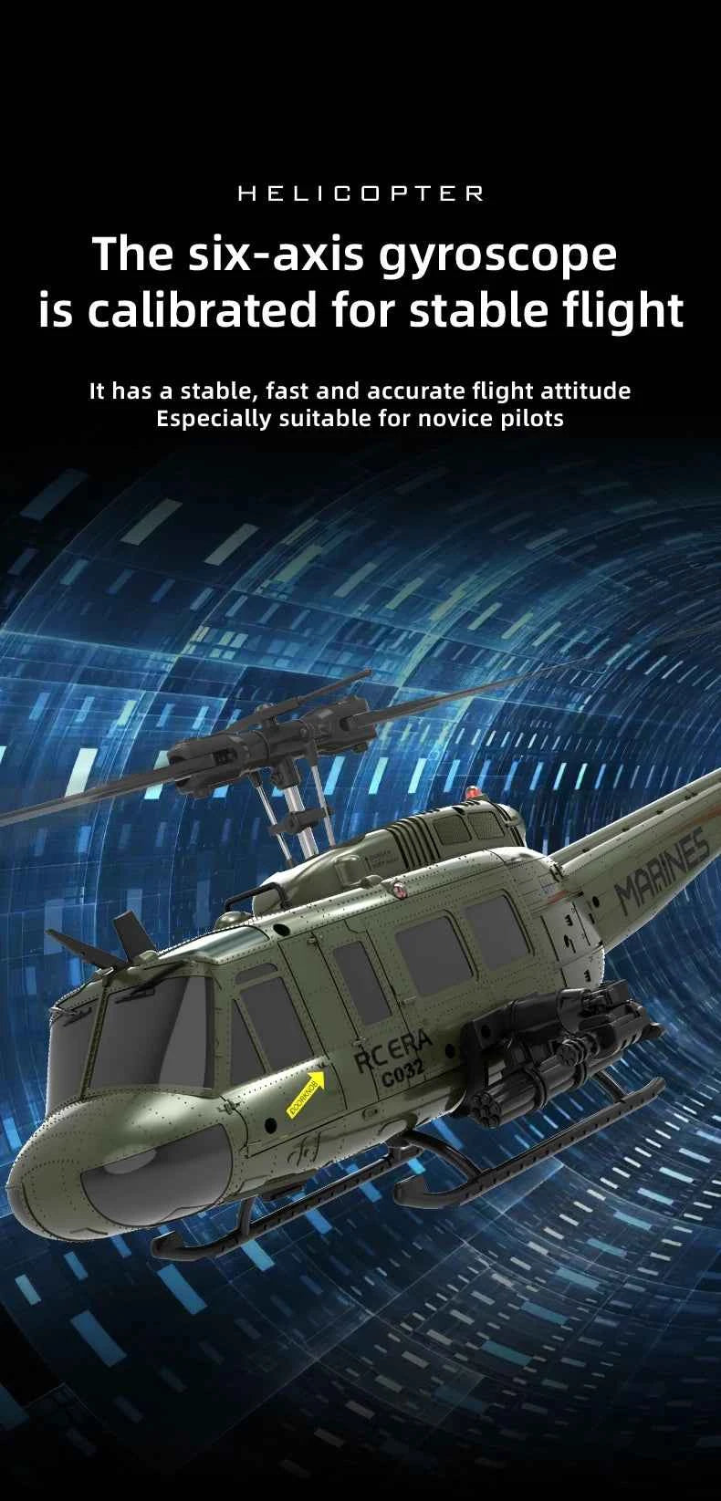 RC ERA Weathered Marine C032 UH1Huey One Click Inverted Flight TOF Optical Flow Gyro Stabilized RC Helicopter for Adults