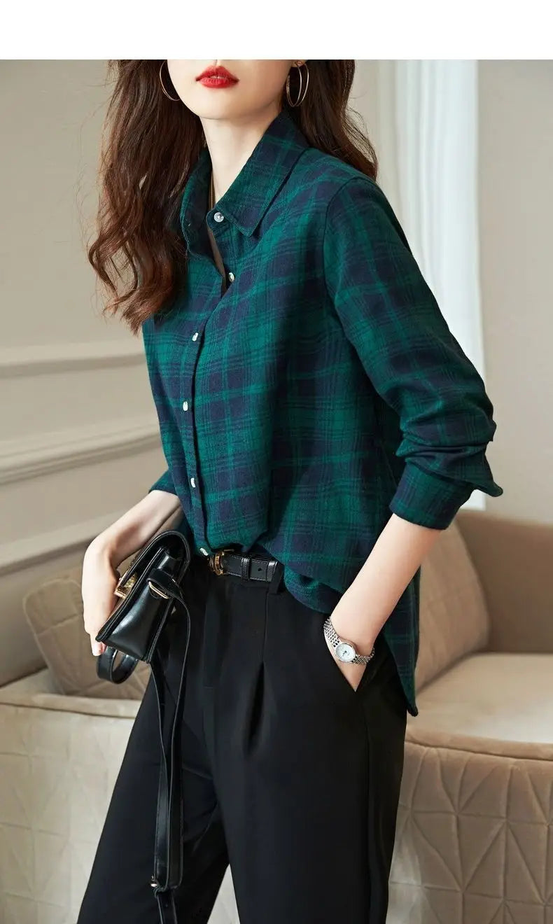 Women's Shirt New Spring Autumn Long Sleeve Single-breasted Polo-neck Casual Printing Plaid Office Lady Elegant Fashion Cardigan    Your Coastal Marketplace | Shoreshopper.com