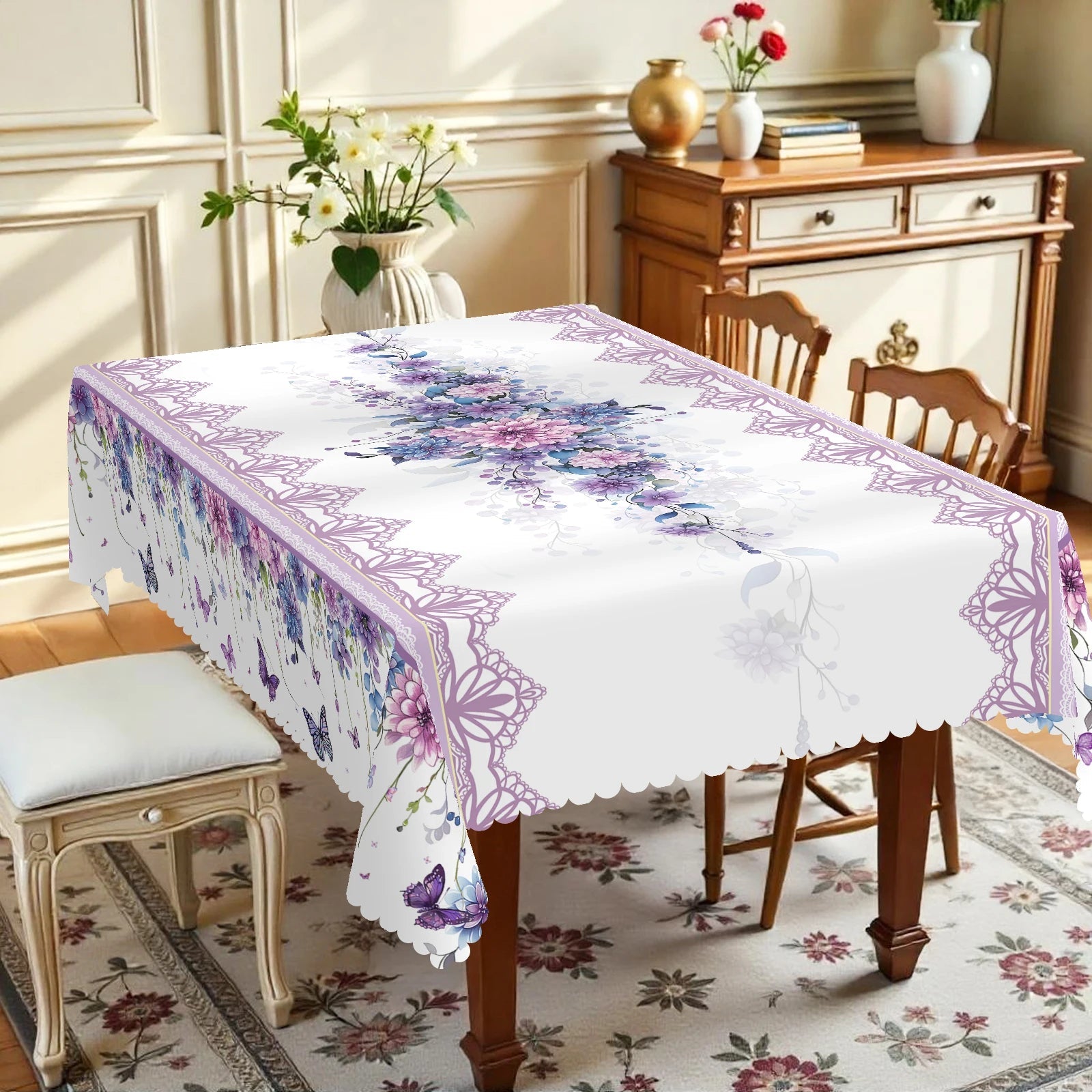 1pc Purple Floral Butterfly Tablecloth, Round & Rectangular Shapes, Perfect for Kitchen, Dining, Yard, Spring Summer Decor    Your Coastal Marketplace | Shoreshopper.com