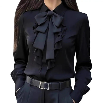 Women Shirts 2026 Spring Autumn Women Shirt Lapel Bow Ruffle Design Long Sleeve Shirt Tops Buttons Closure Shirt Blouses Tops    Your Coastal Marketplace | Shoreshopper.com