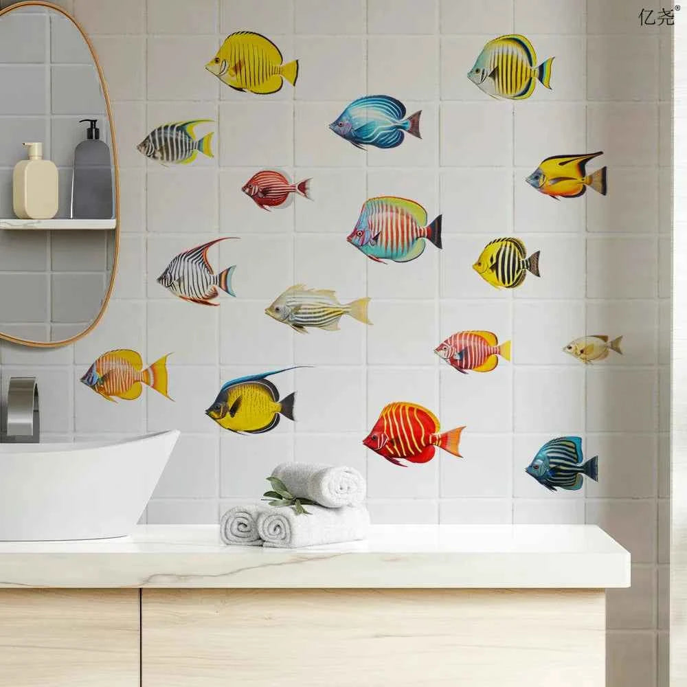Cartoon Watercolor Marine Tropical Fish Group Decor Under Sea Fish Wall Stickers Children Bedroom Bathroom Ocean Animals Sticker