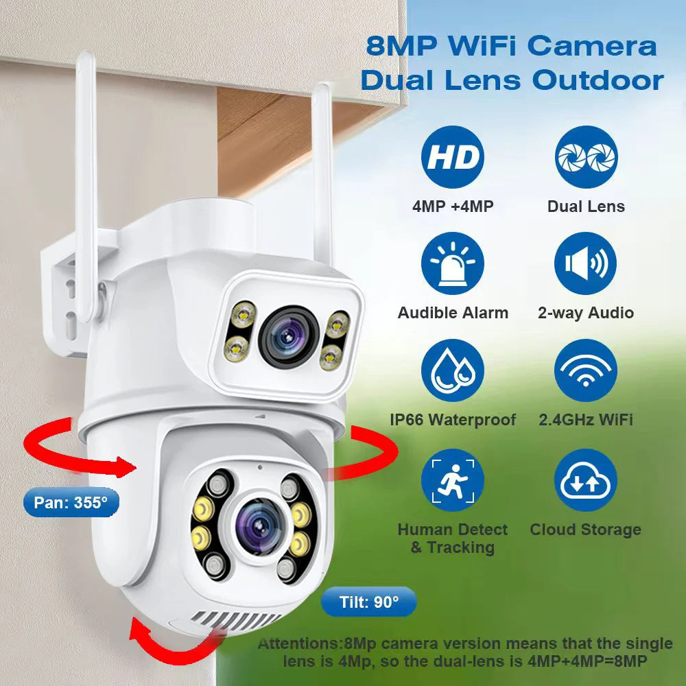 8MP 4K Dual Lens Wifi Camera Ai Auto Tracking Waterproof Security CCTV Video Surveillance Camera Police Light Alarm IP Camera - ShoreCo.Shop