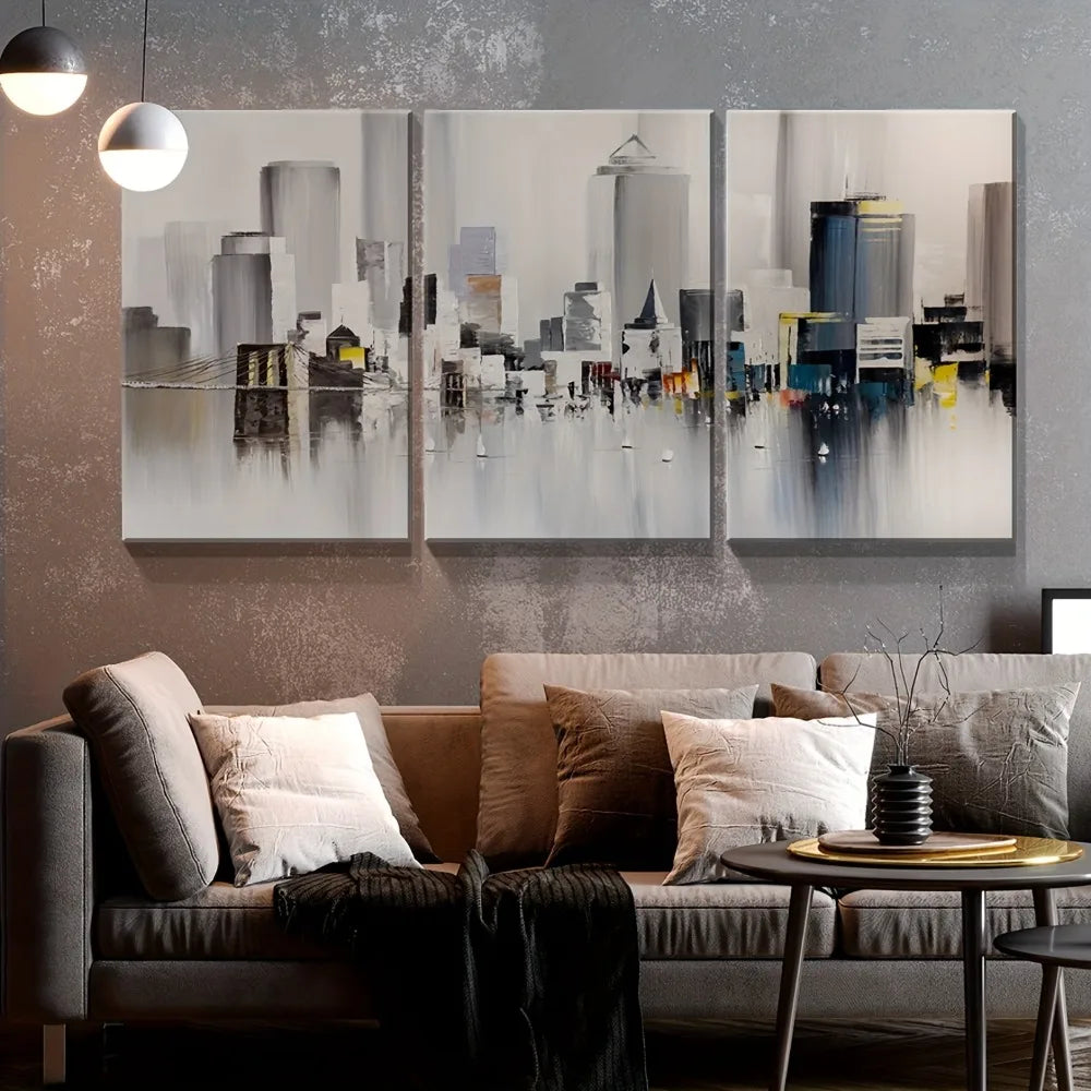 3 oil wall art - Modern New York print, colorful abstract cityscape of Brooklyn Bridge painting,1.5 inch thick wood frame    Home Decor Supply | Online Retail | ShoreShopper.com