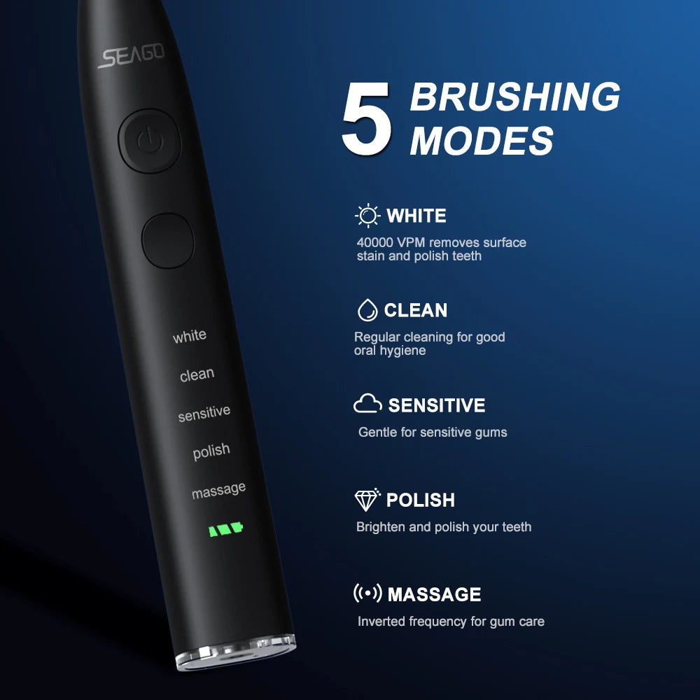 Seago Electric Sonic Toothbrush USB Rechargeable Adult 360 Days Long Battery Life IPX7 4 Replacement Heads Travel Box  SG-575 - ShoreCo.Shop