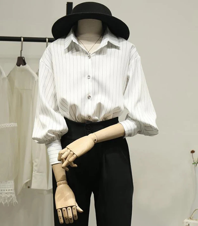 Striped Shirt Women Summer Vintage Chic Loose Long Sleeve Top Y2K Office Ladies Fashion Casual Turn Down Collar All Match Blouse    Your Coastal Marketplace | Shoreshopper.com
