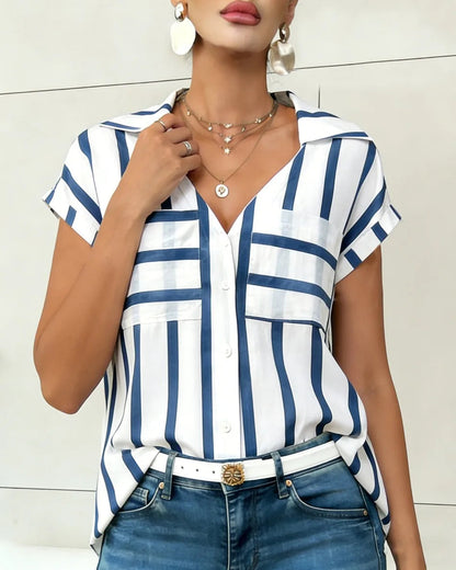 Women's Blouse Shirt Summer Top Navy White Top Vertical Stripe V Neck Short Sleeve Sleek Stylish Daily Shirt Casual Tops    Your Coastal Marketplace | Shoreshopper.com