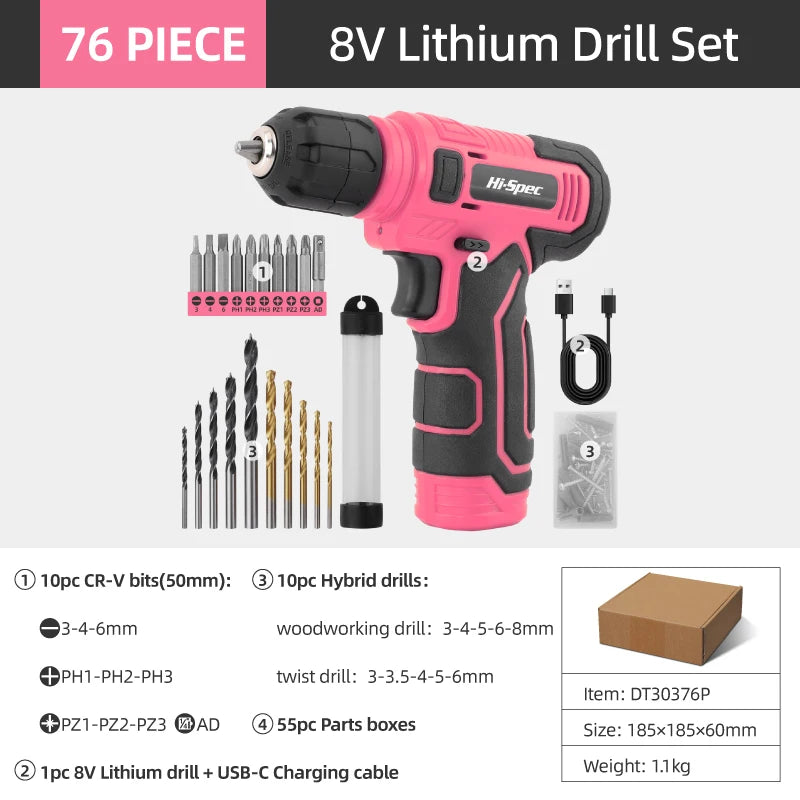 Hi-Spec 92-Piece Pink Home Tool Box Set, Multi-Function Hand Repair Kit with Hammer Cordless Power Drill Combo for Household DIY - ShoreCo.Shop
