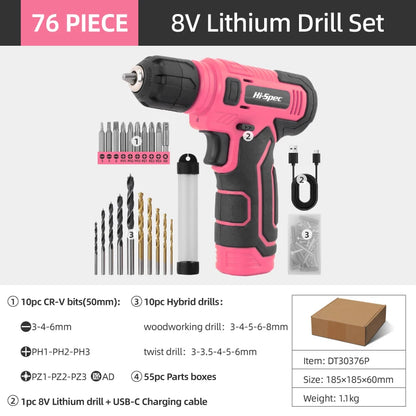 Hi-Spec 92-Piece Pink Home Tool Box Set, Multi-Function Hand Repair Kit with Hammer Cordless Power Drill Combo for Household DIY - ShoreCo.Shop