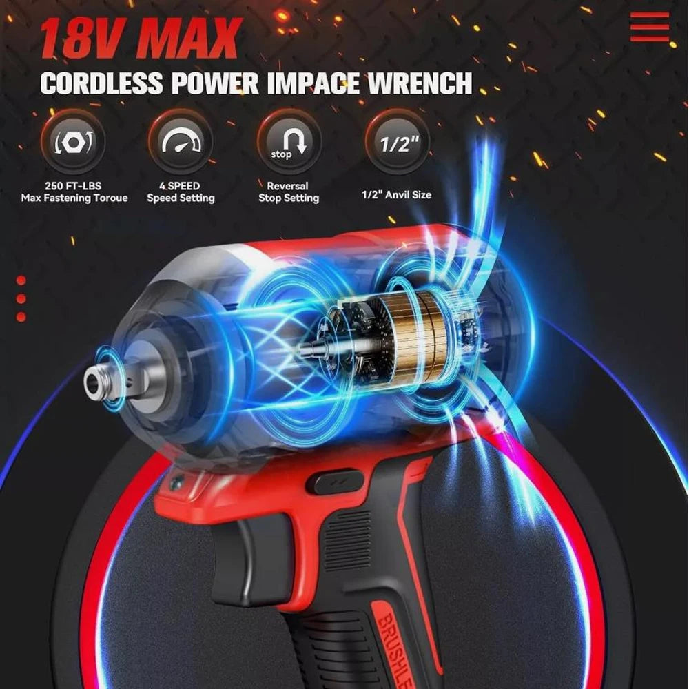 Brushless Impac Wrench 500N.m Electric Driver 1/2" Repair Cordless Screwdriver 4 Gears Power Tools for Milwaukee 18V Battery - ShoreCo.Shop