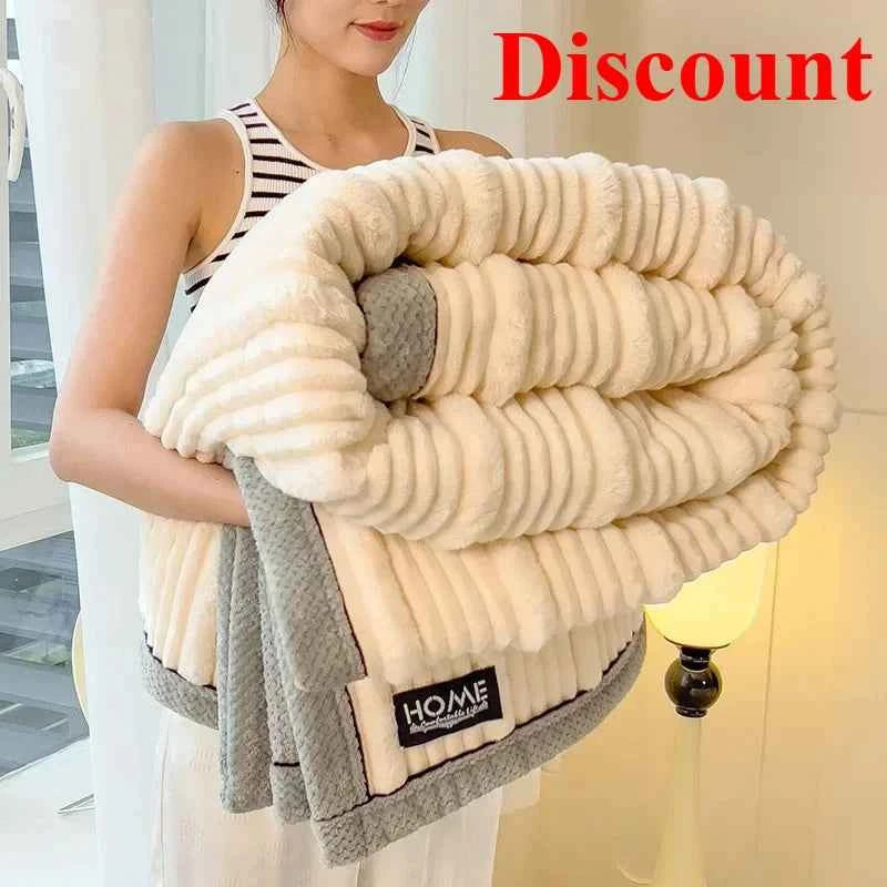New Rabbit Plush Winter Thick Warm Coral Fleece Blanket Solid Color Double-Sided Cover Blanket Suitable Bedroom Supplies