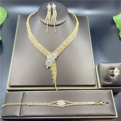 Fashion Crystal Bridal Jewelry Sets Silver Color Geometric Choker Necklace Earrings Bracelet Ring Four-piece Wedding Jewelry Set    Home Decor Supply | Online Retail | ShoreShopper.com