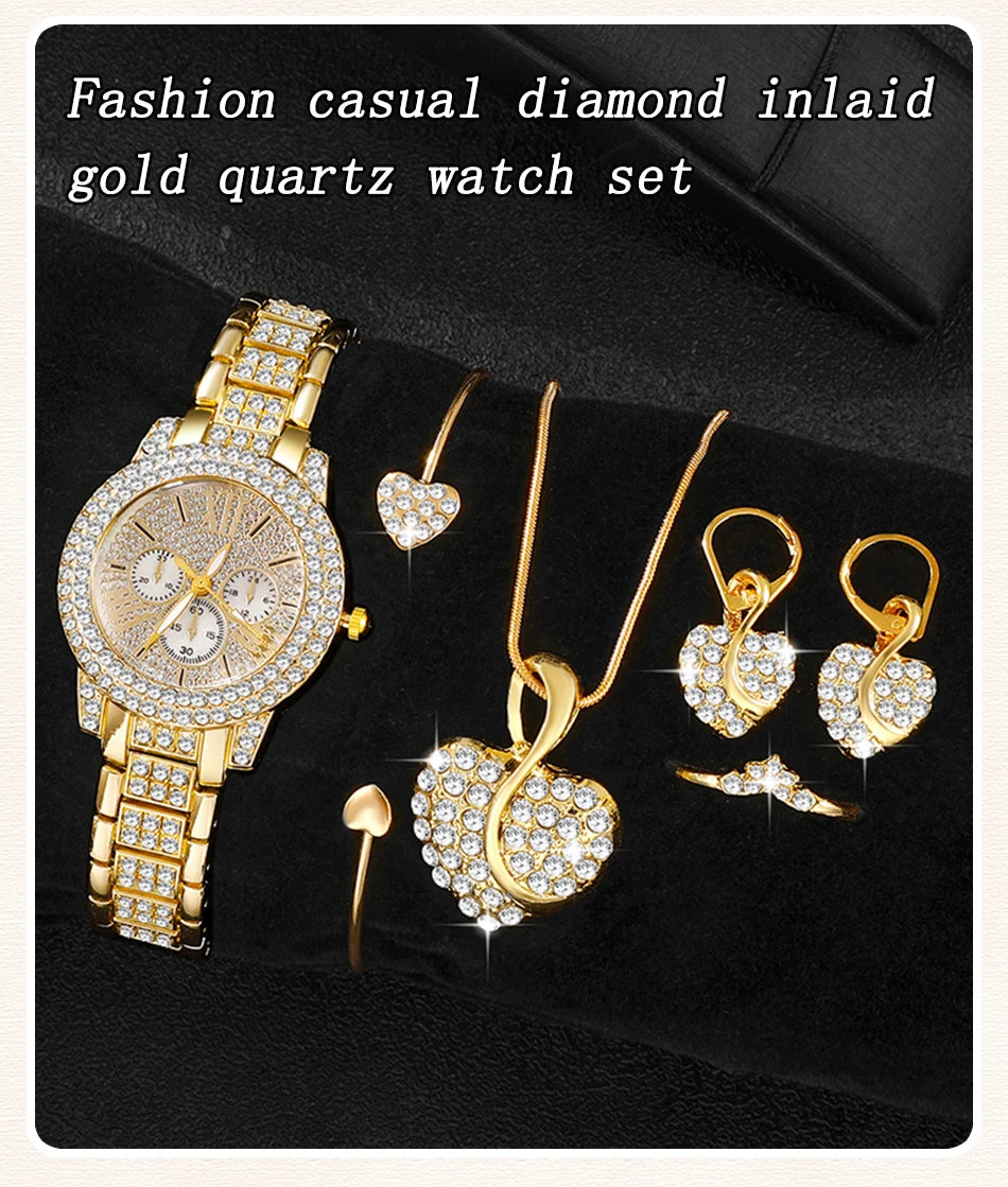 Women's Quartz Watch Gold Luxury Women Ring Necklace Earring Rhinestone Fashion Wristwatch Casual Ladies Watches Jewelry Set    Home Decor Supply | Online Retail | ShoreShopper.com