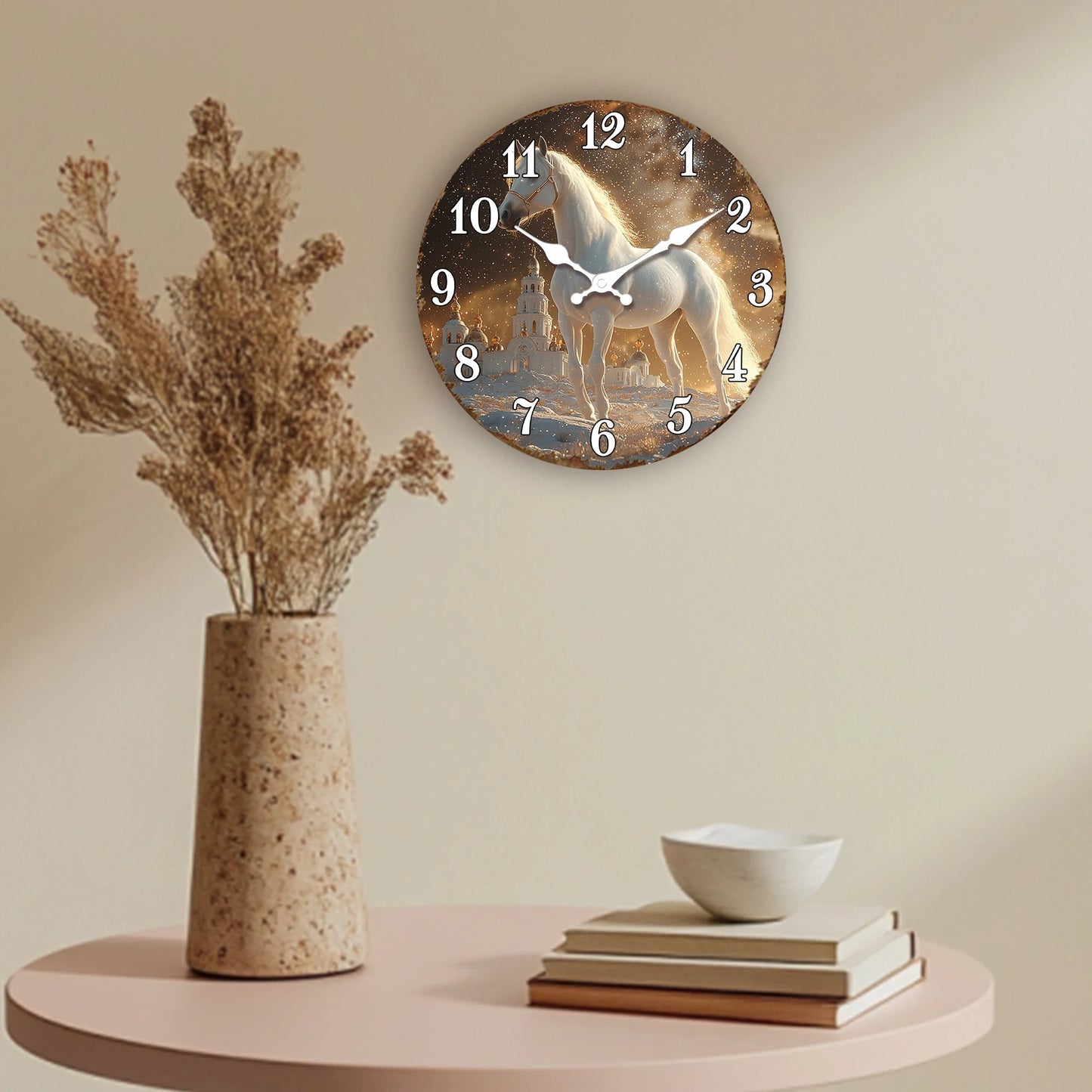 White Horse in Snowy Landscape Round Wall Clock, Ethereal Equine Art Decorative Clock, Dreamy Winter Scene Timepiece for Wall Ar    Home Decor Supply | Online Retail | ShoreShopper.com