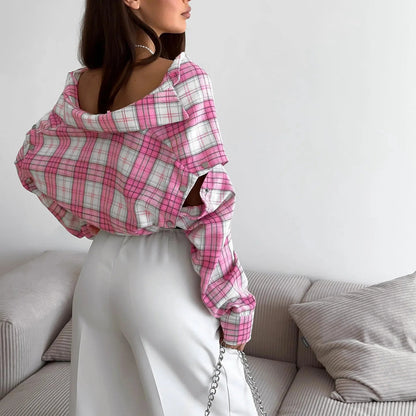 Pink Plaid Shirt for Women in Europe and America New Versatile Loose Shirt for Women Removable Long-sleeved Lapel Top    Home Decor Supply | Online Retail | ShoreShopper.com