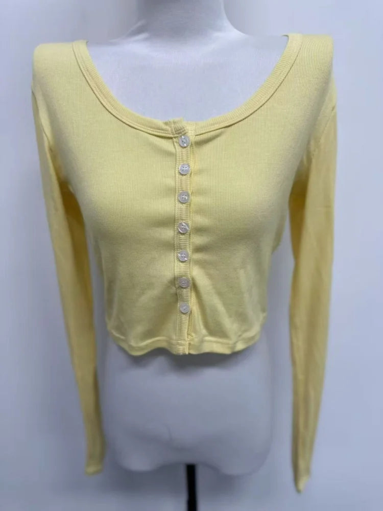 Single Breasted Tshirt Long Sleeve Crop Top Solid Color T Shirts For Women Streetwear Slim Fit Lady Outfit Camisetas Ropa Mujer    Your Coastal Marketplace | Shoreshopper.com