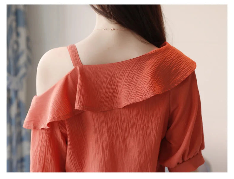 Women's Shirt Tops One-Shoulder Ruffles Short-sleeved Chiffon Blouse    Your Coastal Marketplace | Shoreshopper.com