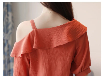 Women's Shirt Tops One-Shoulder Ruffles Short-sleeved Chiffon Blouse    Your Coastal Marketplace | Shoreshopper.com