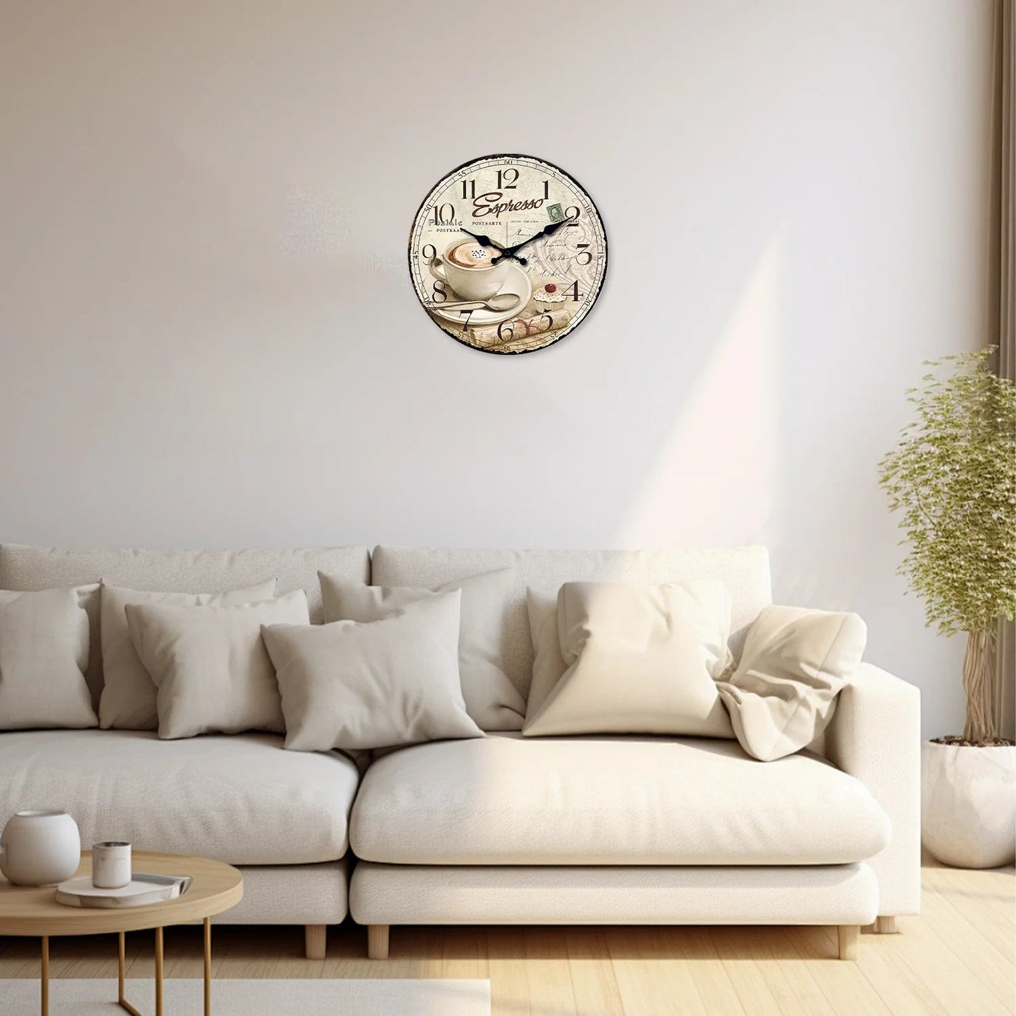 European Retro Coffee Cup Pattern Wooden Wall Clock for Living Room, Bedroom, Kitchen, Home Decoration, Silent Quartz Clock, Holiday Gift, 10 Inches, 12 Inches (No Battery)    Home Decor Supply | Online Retail | ShoreShopper.com