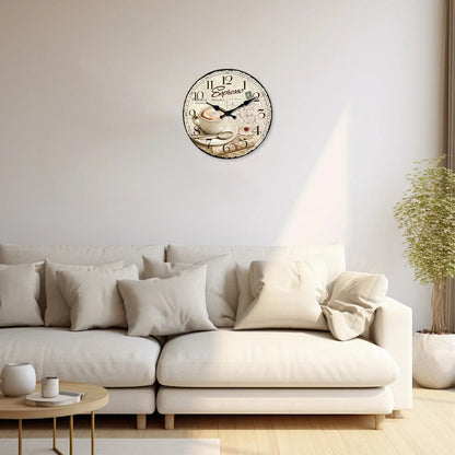 European Retro Coffee Cup Pattern Wooden Wall Clock for Living Room, Bedroom, Kitchen, Home Decoration, Silent Quartz Clock, Holiday Gift, 10 Inches, 12 Inches (No Battery)    Home Decor Supply | Online Retail | ShoreShopper.com