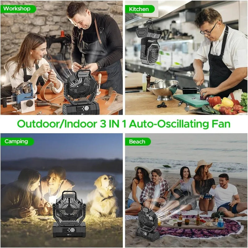 Camping Fan with LED Lantern, 20000mAh Auto-Oscillating Battery Operated Desk Fan with Remote&Hook, 8” Portable Fan    Home Decor Supply | Online Retail | ShoreShopper.com