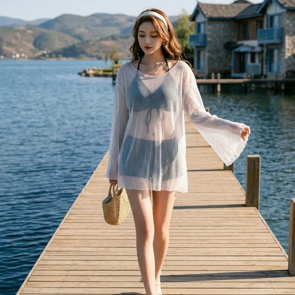Beachwear Ruffles Bikini Set Slim Fit Lace-up Long Sleeve Swimsuit Sun Protection Transparent Pullover Swimming Suit Resort    Your Coastal Marketplace | Shoreshopper.com