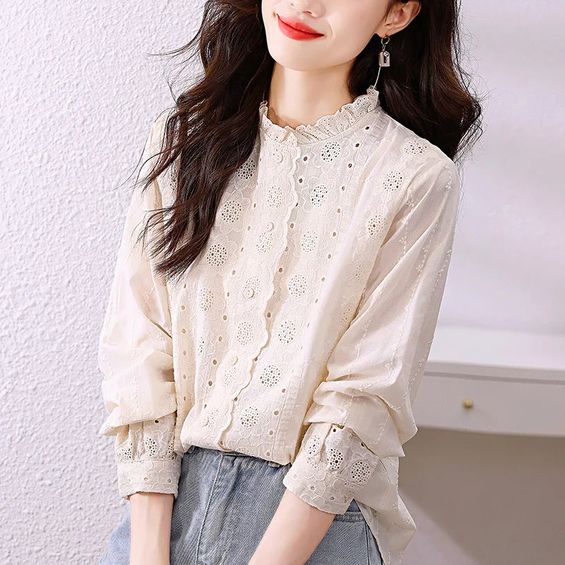 Women'S Shirt Spring Hollow Lace Ruffles O Neck Elegant Apricot Tops Long Sleeve Embroidered Cotton Shirt Vitnage Office Lady    Your Coastal Marketplace | Shoreshopper.com