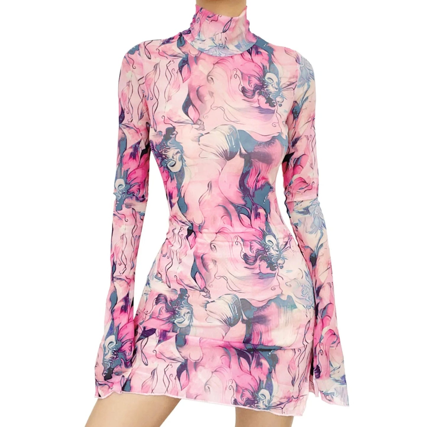 Top Selling Mesh Printed Round Neck Womens Dresses For Teens Plus Size Bell Sleeve Side Open Hip Dress Vestidos Para Mujer    Home Decor Supply | Online Retail | ShoreShopper.com