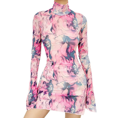 Top Selling Mesh Printed Round Neck Womens Dresses For Teens Plus Size Bell Sleeve Side Open Hip Dress Vestidos Para Mujer    Home Decor Supply | Online Retail | ShoreShopper.com