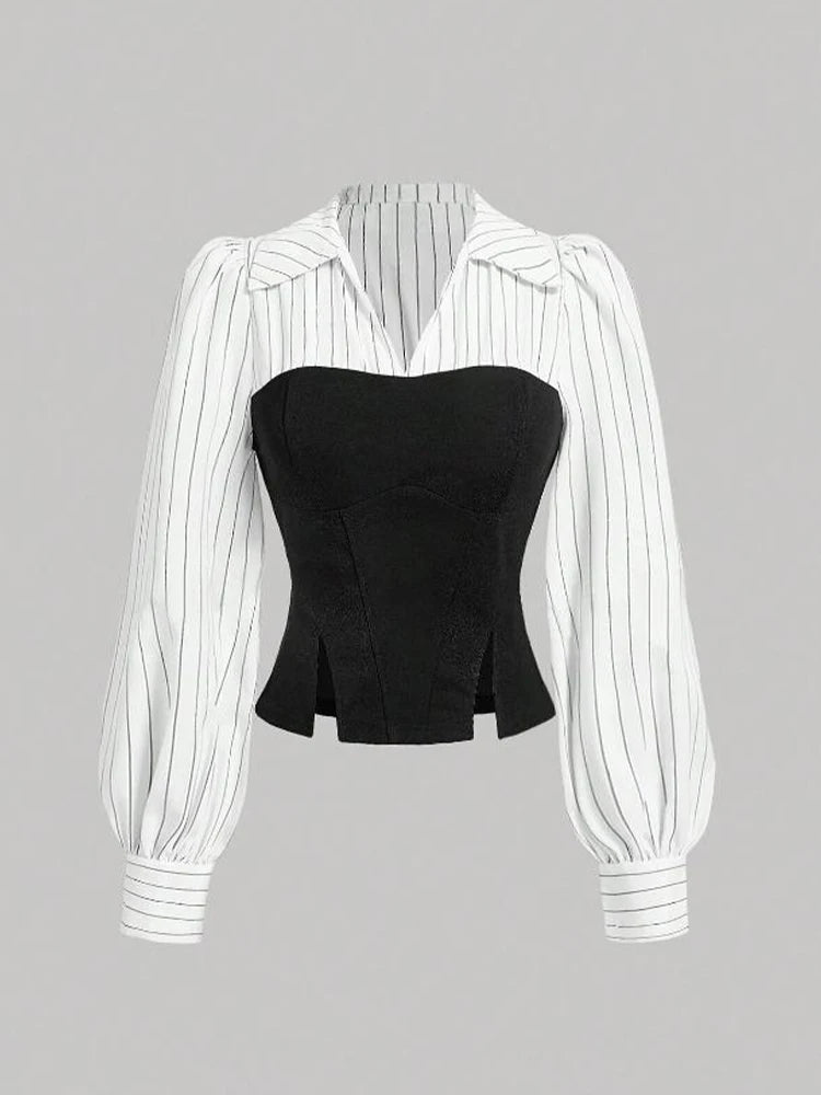 Women Elegant Striped Shirt Business Casual Office Blouse with Lapel Spliced Design Fashion Slim Fit Work Shirt    Your Coastal Marketplace | Shoreshopper.com
