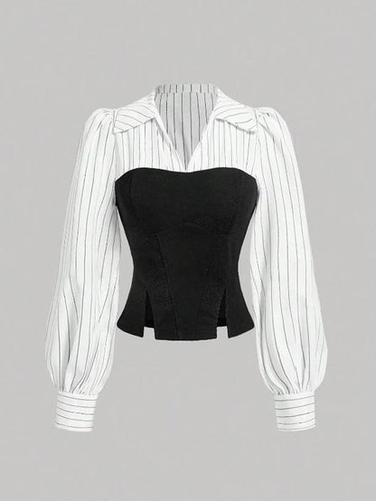 Women Elegant Striped Shirt Business Casual Office Blouse with Lapel Spliced Design Fashion Slim Fit Work Shirt    Your Coastal Marketplace | Shoreshopper.com