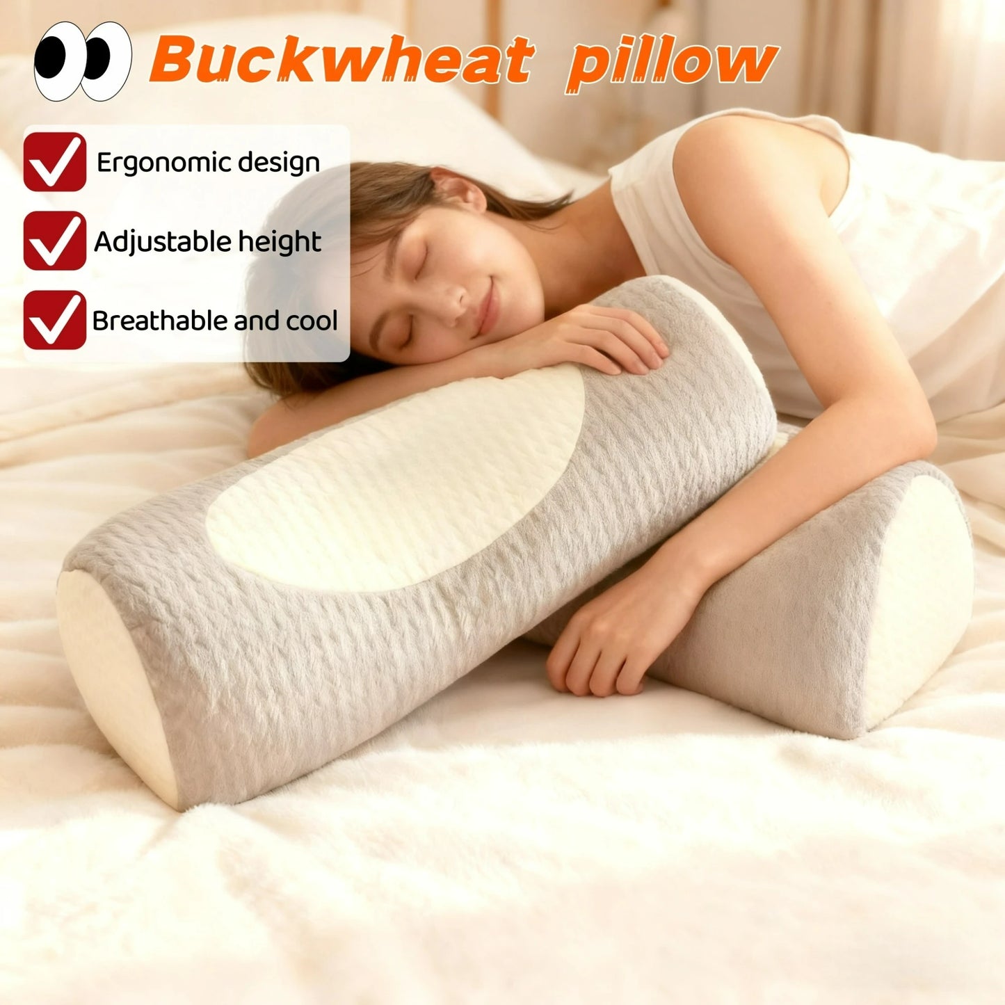 Ergonomic Buckwheat Pillow Adjustable Height Breathable Hypoallergenic Pillow with Removable Cover Cervical Spine & Head Back - ShoreCo.Shop
