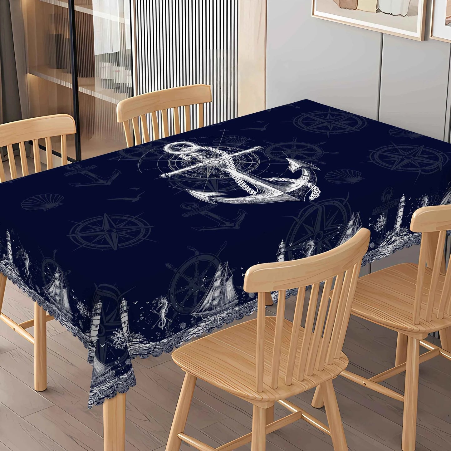 1pc Nautical Theme Tablecloth, Coastal Navy Blue Anchor, Lighthouse, Compass Designs For Spring Summer Decor