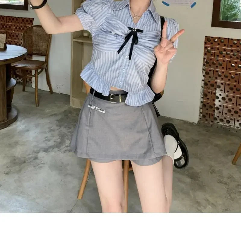 Bow-rinked Striped Shirt for Women Summer French Sweet and Spicy Puff Sleeve Shirt Short Short Sleeve Top    Home Decor Supply | Online Retail | ShoreShopper.com