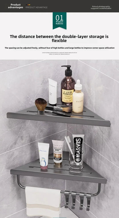 Bathroom Triangle Drain Shelf No Drilling Wall Mounted Cosmetic and Toiletries Hollow Carbon Steel Shelf with Hooks    Home Decor Supply | Online Retail | ShoreShopper.com